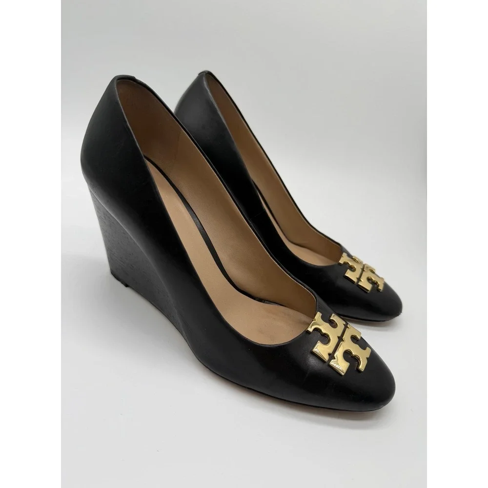 Tory Burch Sally Wedge Heel Black Size 9 Gold Logo